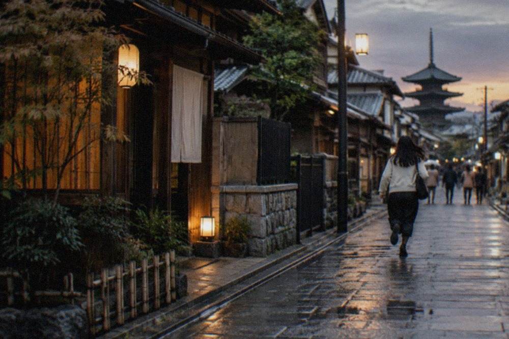 Traditional wooden townhouses lining a quiet Kyoto street at dusk