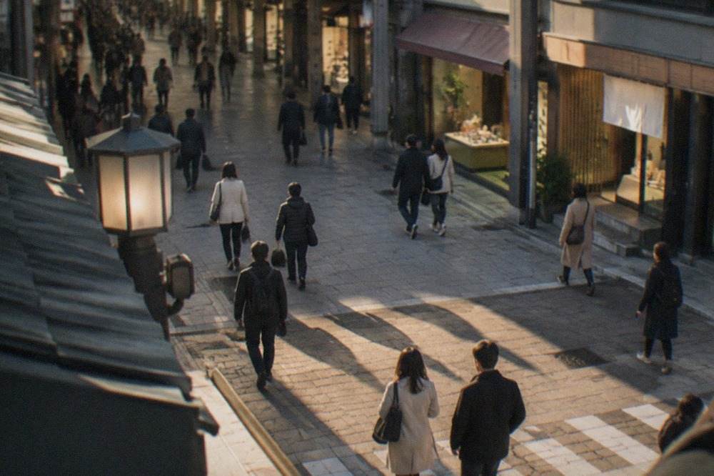 A wide shopping street in Kyoto with department stores, covered arcades and pedestrians crossing at dusk