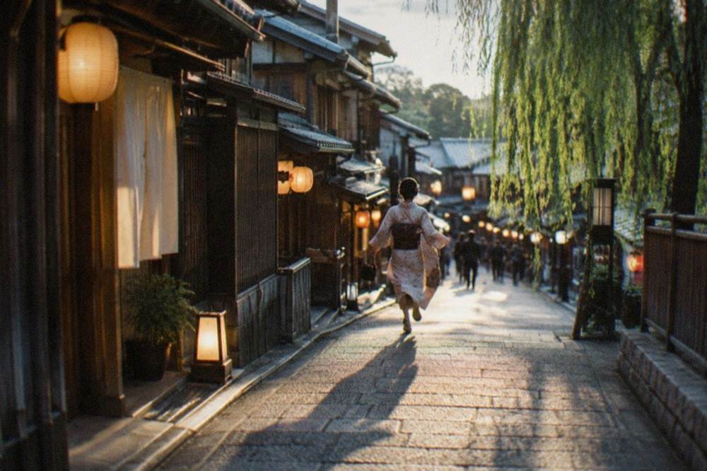 Lantern-lit wooden teahouse facades along a narrow Gion street at night, with a willow tree over the pavement