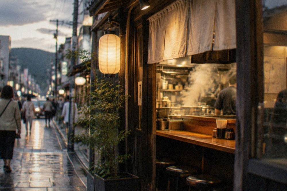 A small Kyoto eating counter at night with steam rising from a kitchen pass