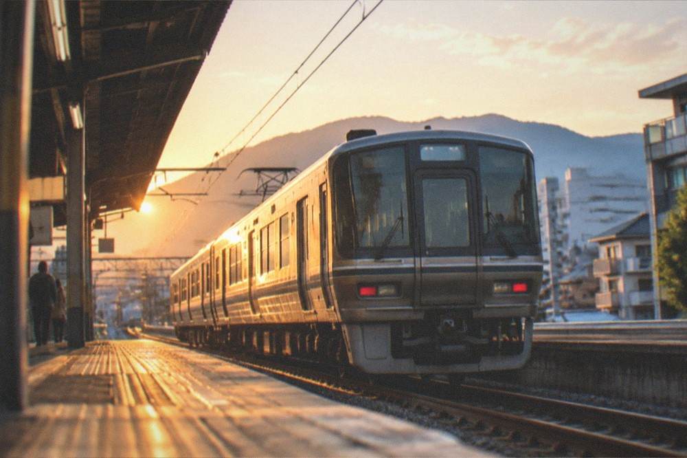 A JR local train departing a platform in Kyoto with mountains visible in the distance
