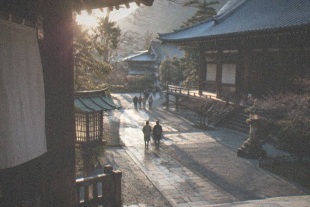 A temple courtyard with wooden buildings and a stone path in soft morning light