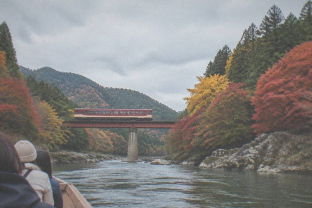 A red and cream sightseeing train crossing a bridge above a river gorge in autumn