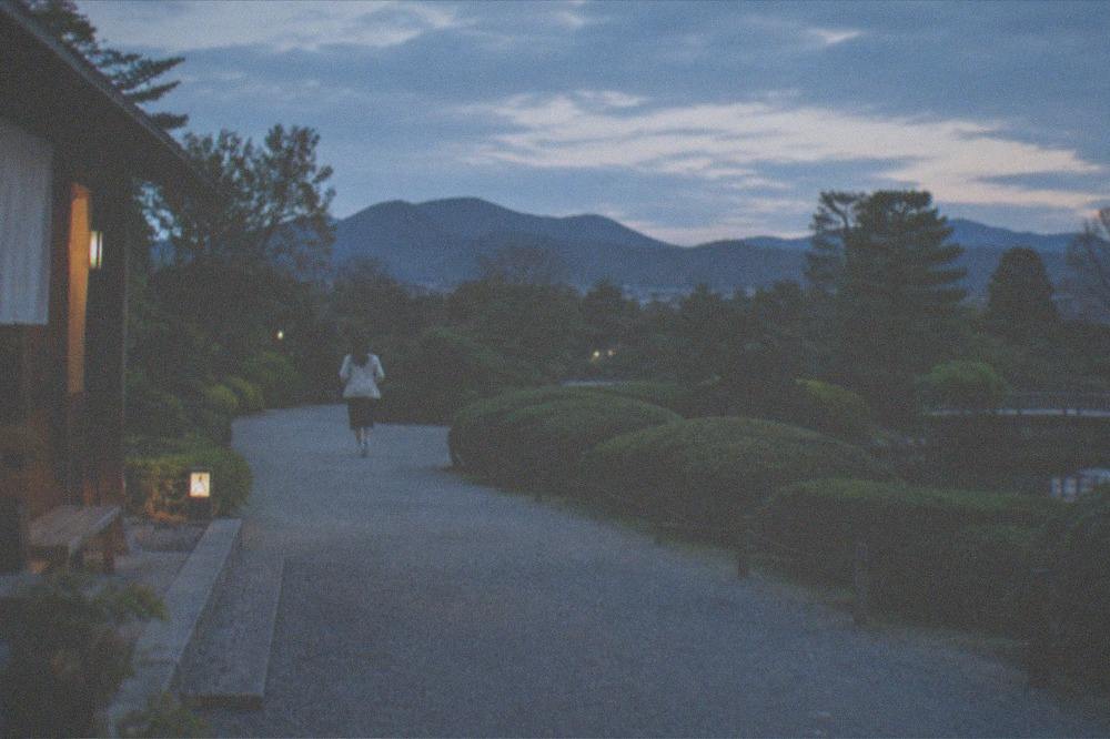 A wide garden panorama with clipped hedges and distant hills in Kyoto