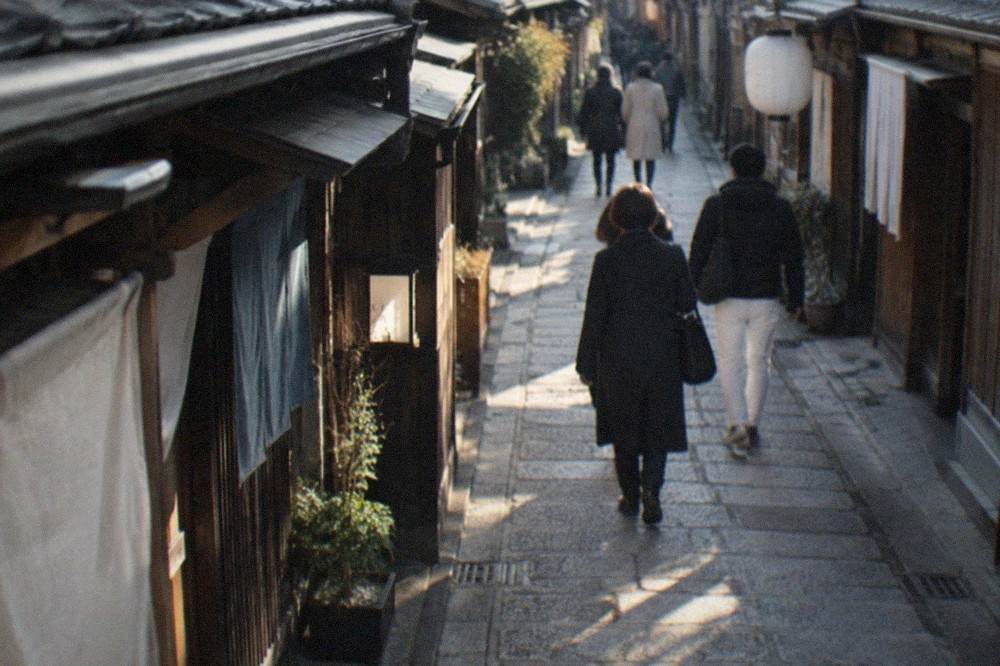 The stone-paved narrow lane in daytime with hanging noren curtains and shop signs on both sides