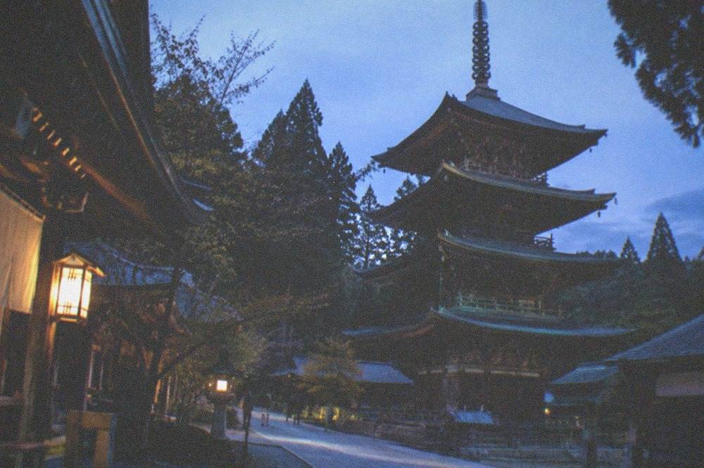 Large wooden pagoda standing among temple buildings on a mountain plateau