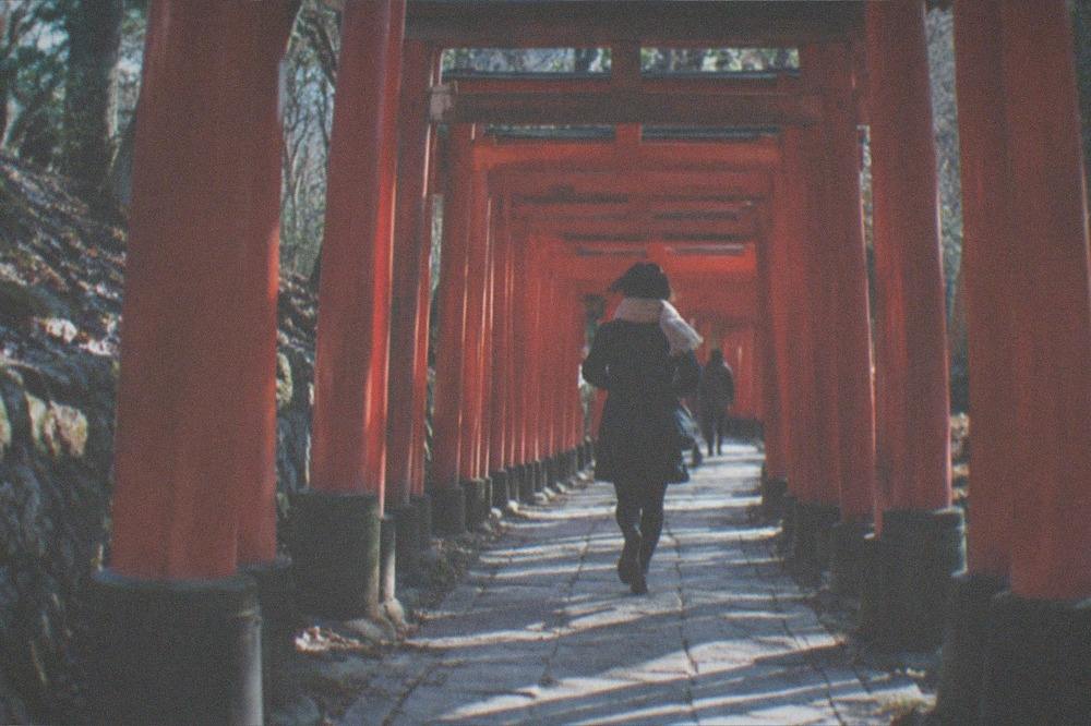 Red torii gates forming a tunnel on a forested mountain path