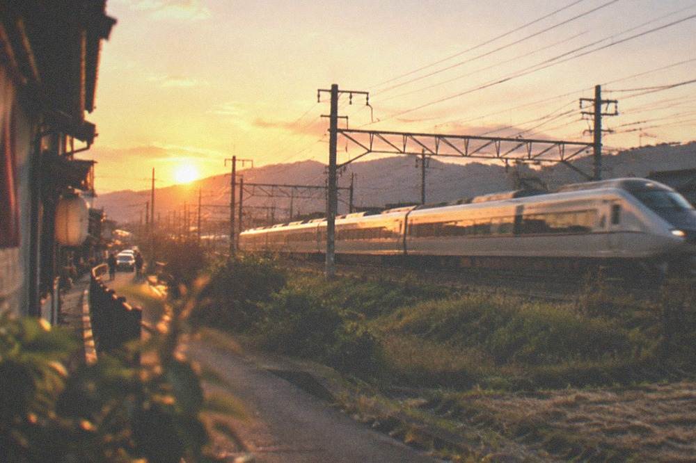 A limited express train speeding past suburban houses and fields in evening light