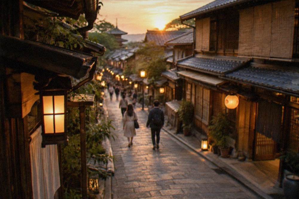 A lantern-lit Kyoto alley in the evening with wooden machiya facades and stone paving
