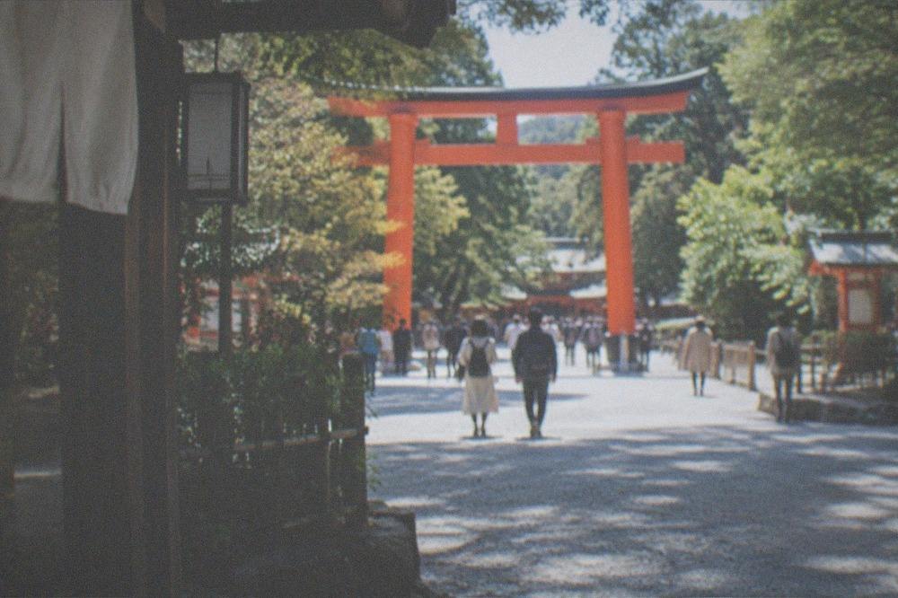 A wide gravel approach to a vermilion shrine gate surrounded by trees