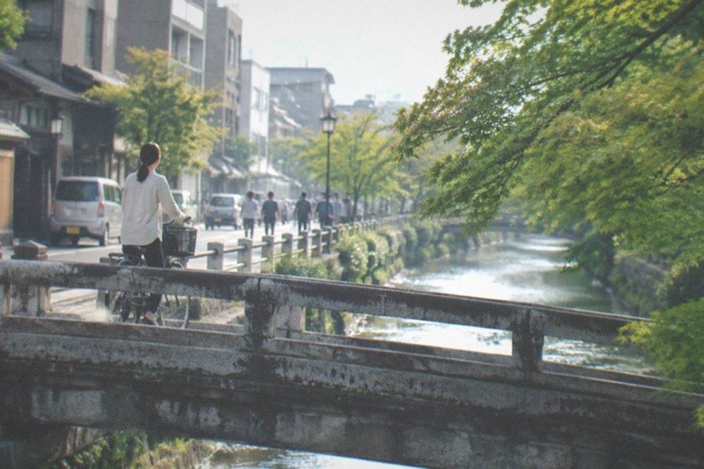 A cyclist pausing on a stone bridge over a canal with maple trees overhanging the water