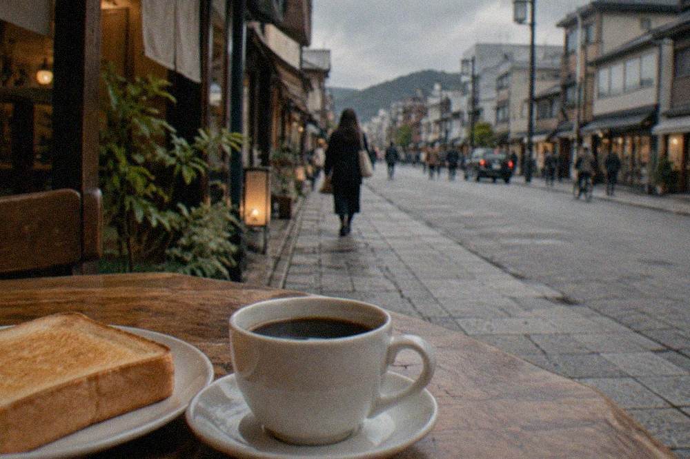 A cup of dark roast coffee and thick morning toast served on a saucer at a wooden table