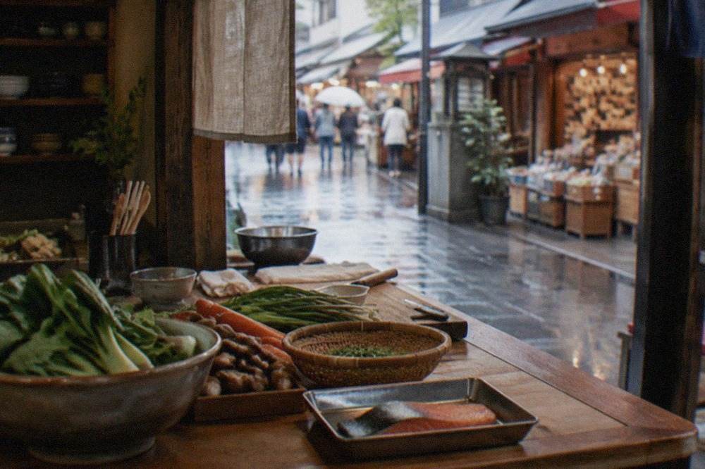 A small cooking class workspace in Kyoto with fresh ingredients laid out on a wooden counter