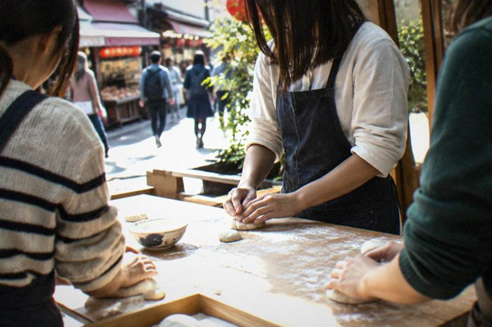 Students shaping dough together at a wooden kitchen table during a Kyoto cooking class