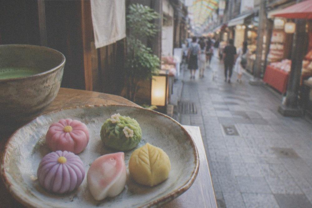 Colourful hand-shaped nerikiri wagashi sweets arranged on a ceramic plate with matcha