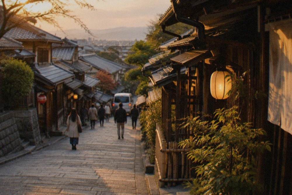 A quiet stone-paved lane in Kyoto's Gion district at dusk with traditional wooden machiya facades
