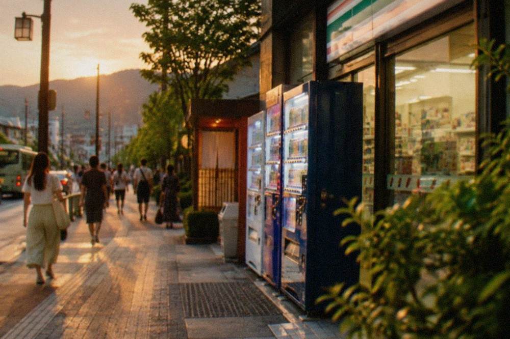 Vending machines and a convenience store glowing on a warm Kyoto evening street