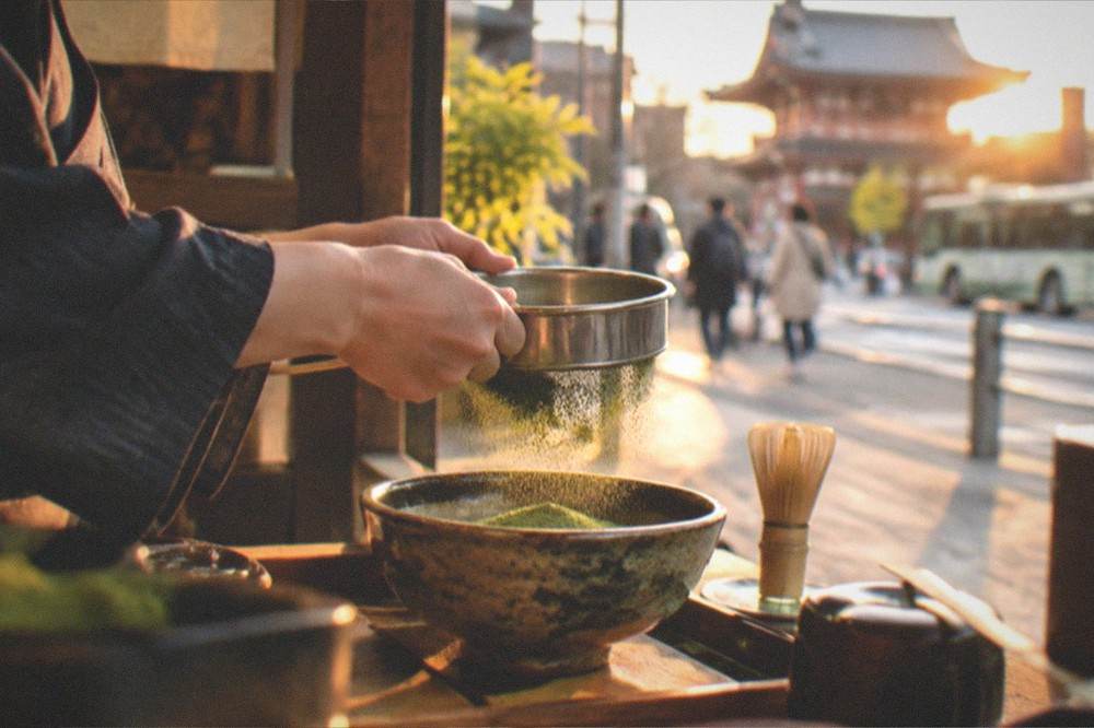 Stone-milled matcha powder in a sifter before whisking