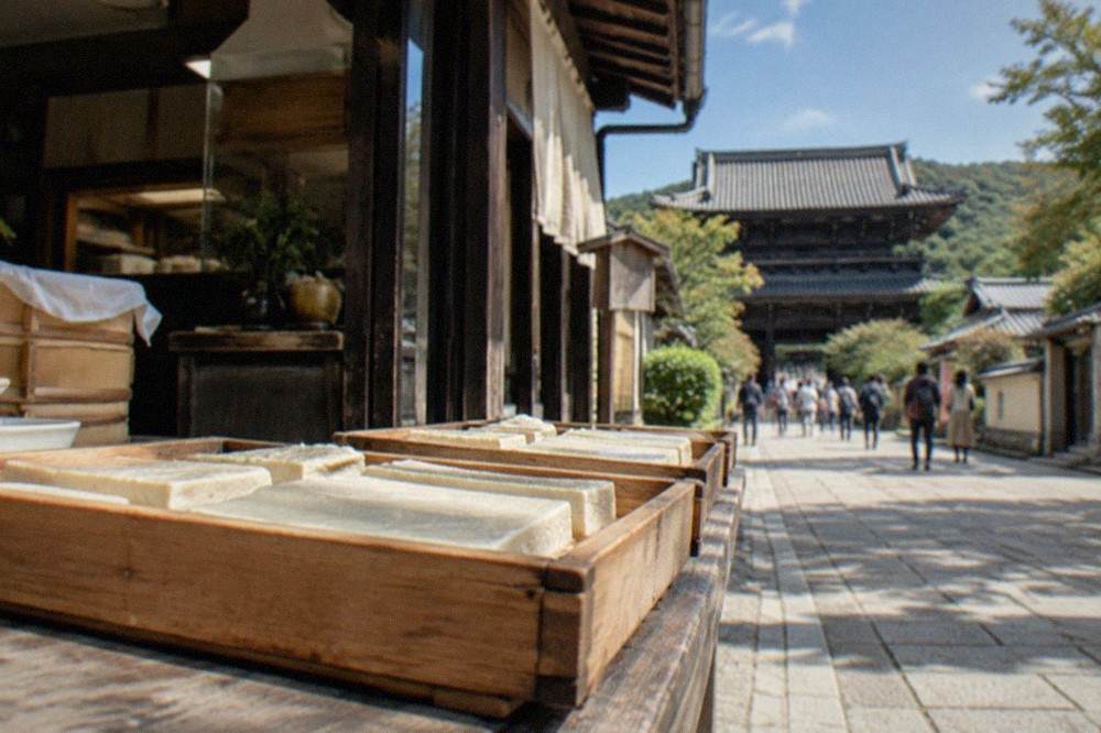 Blocks of fresh tofu resting on wooden trays in a Kyoto tofu shop