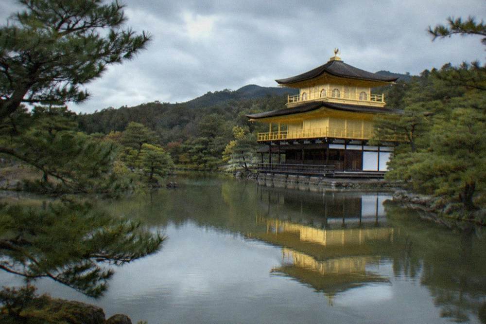 The golden pavilion of Kinkaku-ji reflected in the pond beside pine trees