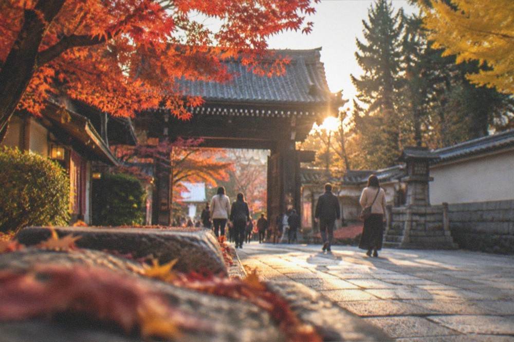 Autumn maple leaves in red and orange framing a temple gate in Kyoto