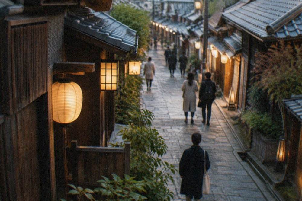 A lantern-lit Kyoto alley of traditional wooden machiya townhouses in the evening