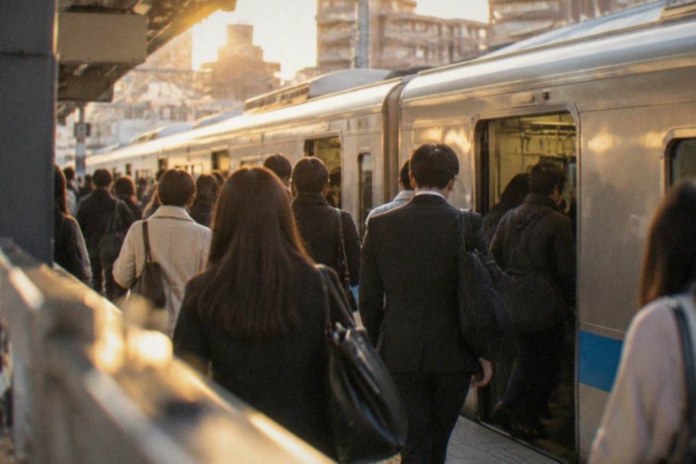 Commuters boarding a rapid train at a busy Osaka railway platform