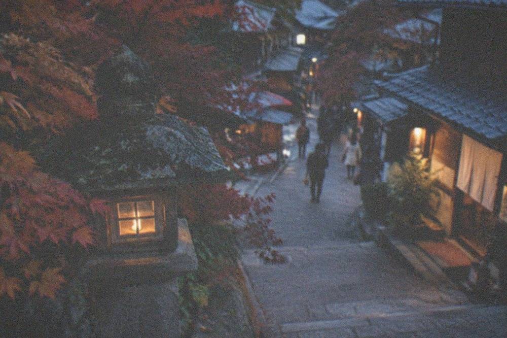 A stone lantern and maple foliage along a temple path in Higashiyama