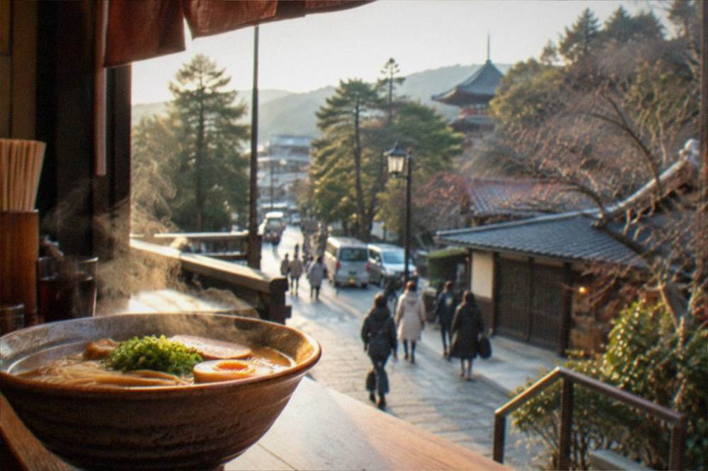 Steam rising from a bowl of ramen on a wooden counter in a small Kyoto shop