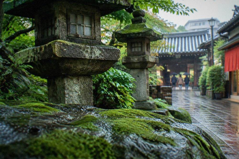 Dark wet moss and stone lanterns in a Kyoto temple garden in rain